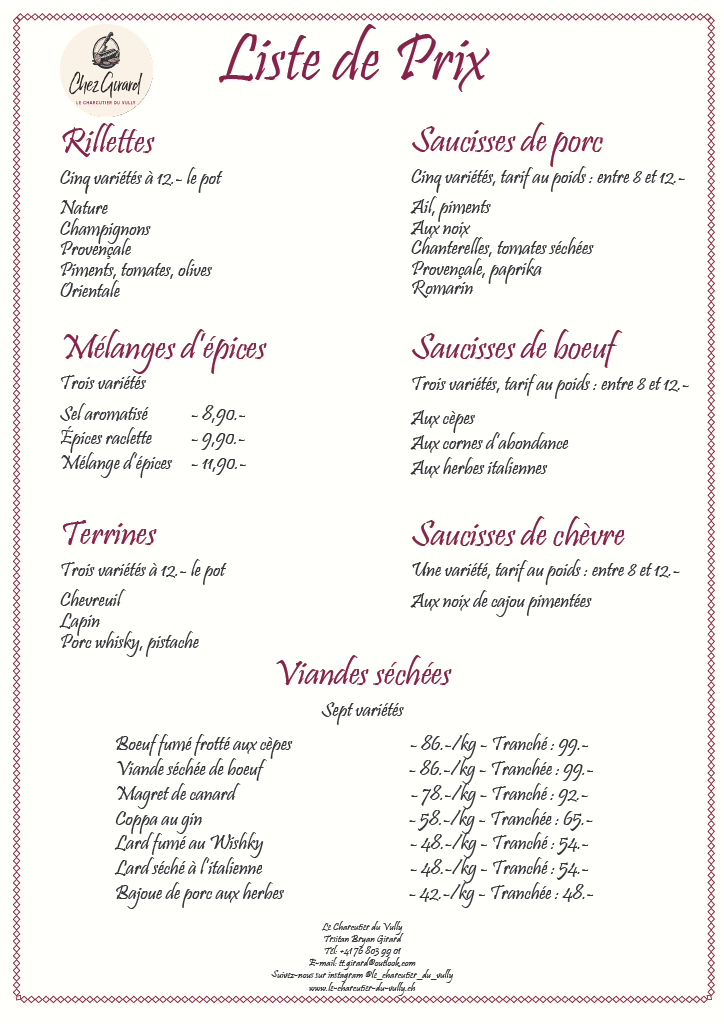 Une liste de prix qui affiche l'entièreté des produits du Charcutier du Vully